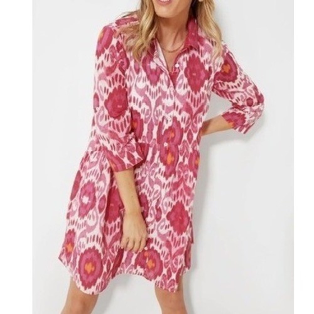 Ro's Garden June Deauville Dress Magenta Pink Ikat Cotton Tiered Button Down L